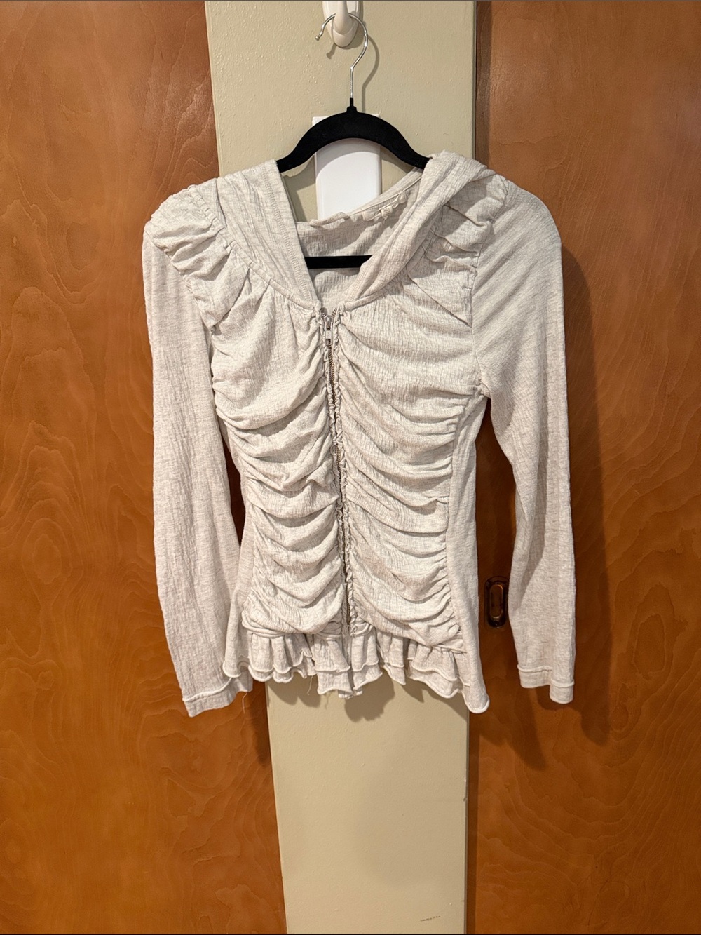 Anthropologie Cream Ruched Hooded Long-Sleeve Top